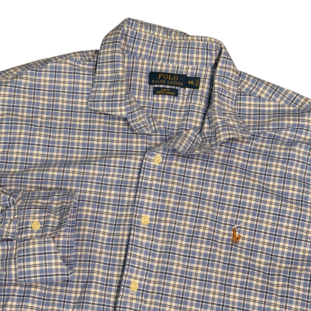 Polo Ralph Lauren Button Down Mens 2XL Blue White Plaid Slim Fit Stretch Oxford